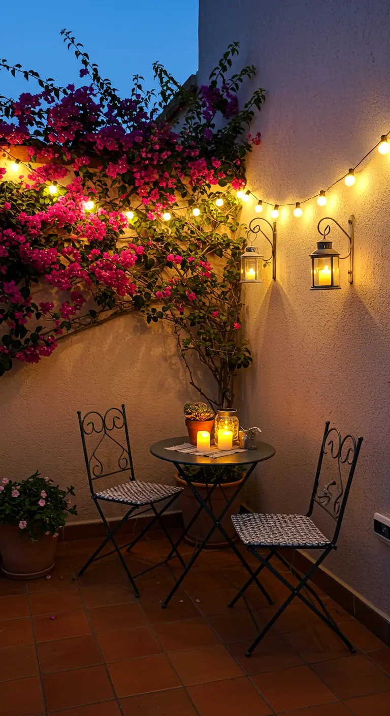 Terrasse intime avec bougainvillier fleuri illuminé, guirlandes murales et petite table bistro.