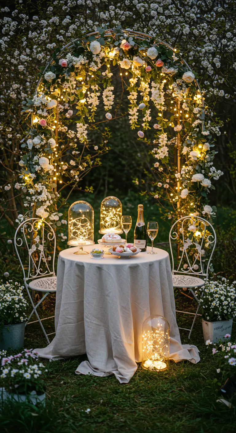 Dîner romantique en extérieur sous une arche fleurie et lumineuse, avec bougies et champagne.