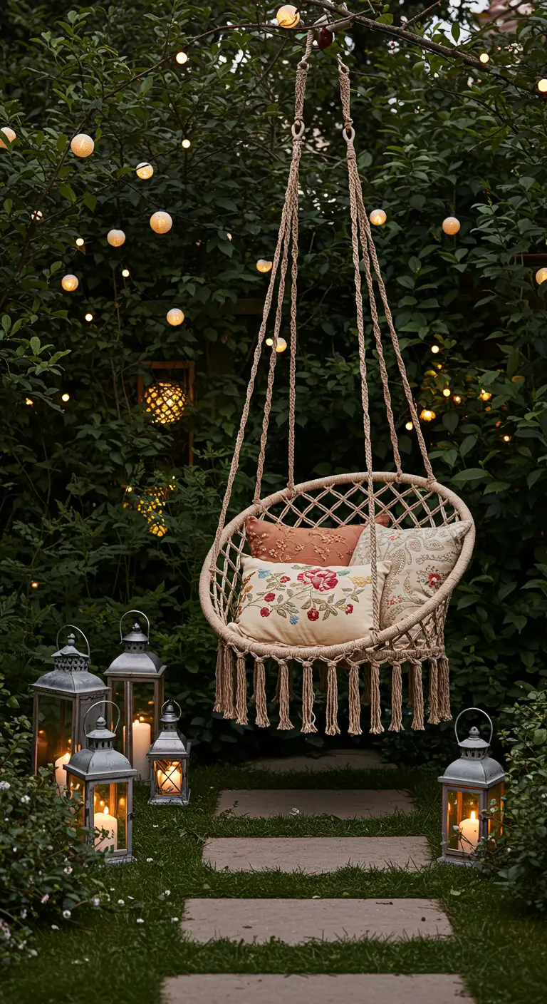 Balançoire ronde en macramé, lanternes et guirlandes lumineuses dans un jardin la nuit.