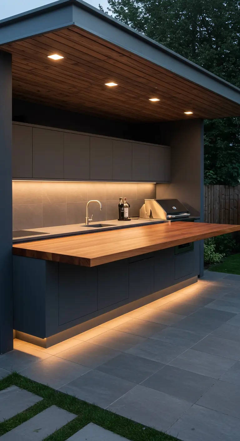 Cuisine extérieure moderne sous pergola, avec meubles sombres, comptoir en bois massif et éclairage LED.