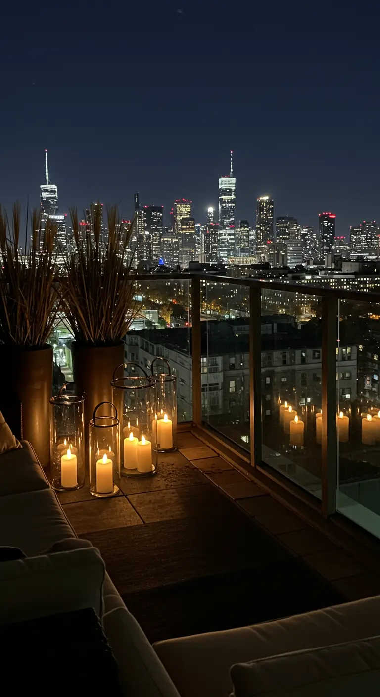 Terrasse sur le toit avec vue sur la ville, grandes lanternes et graminées ornementales.