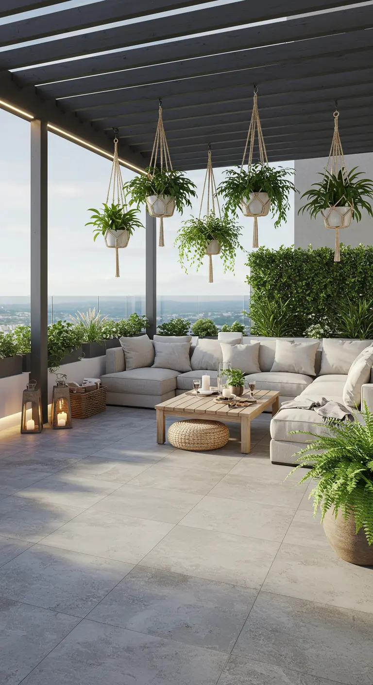 Terrasse avec pergola végétalisée, salon d'angle, pouf en jute et plantes suspendues.