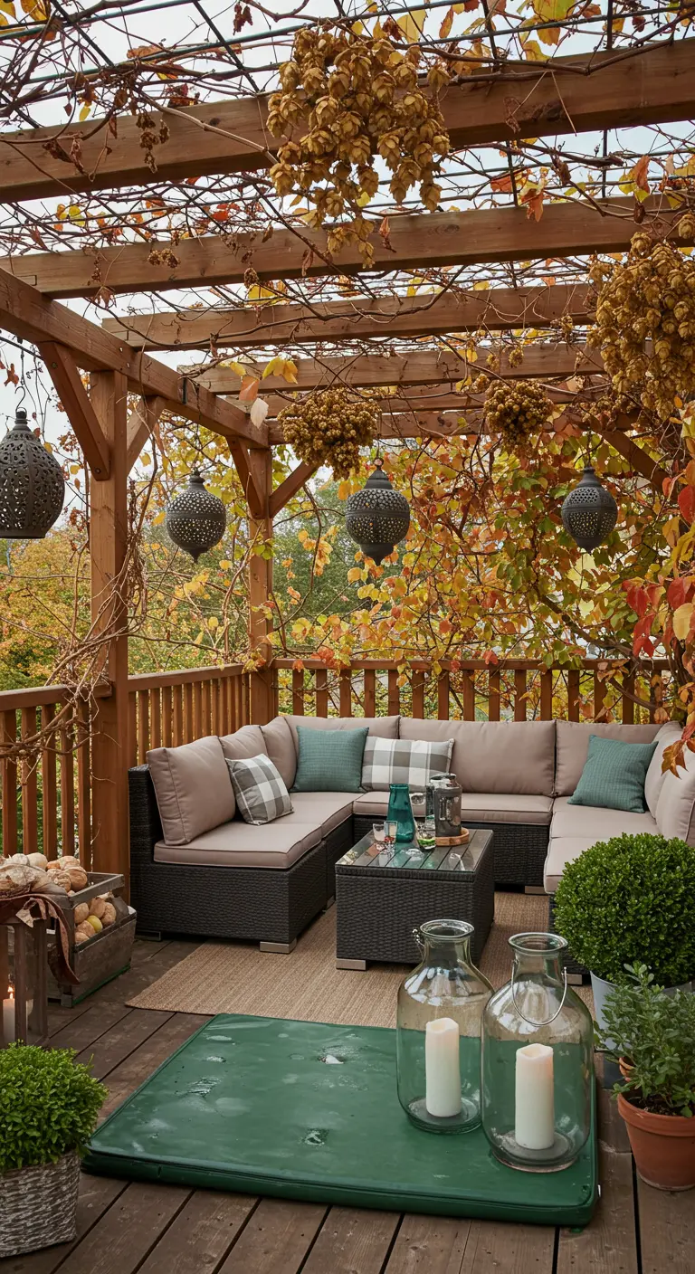 Terrasse sous pergola avec canapé d'angle, plantes grimpantes et lanternes suspendues.
