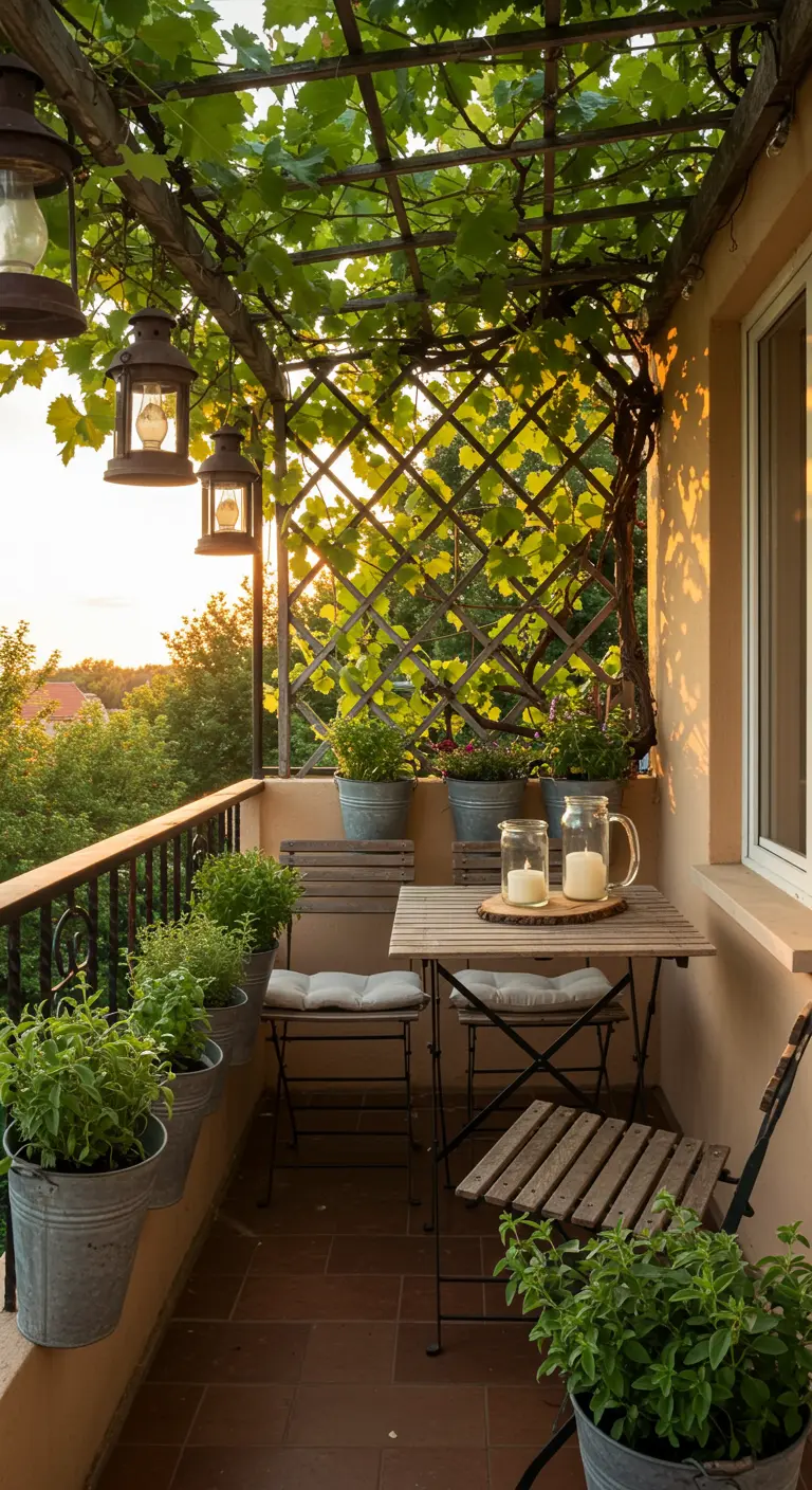 Balcon rustique avec pergola végétalisée de vignes et jardinières en zinc.