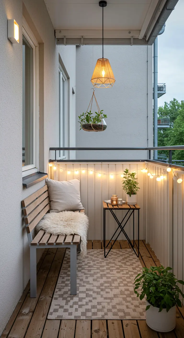 Petit balcon cosy avec banc en bois, guirlande lumineuse, tapis géométrique et plante.