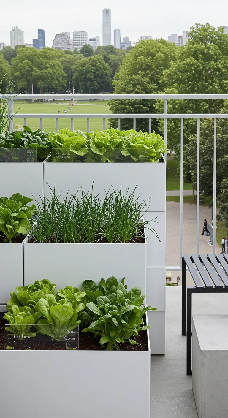 Jardinières blanches empilées sur un balcon avec des légumes verts et vue sur la ville.