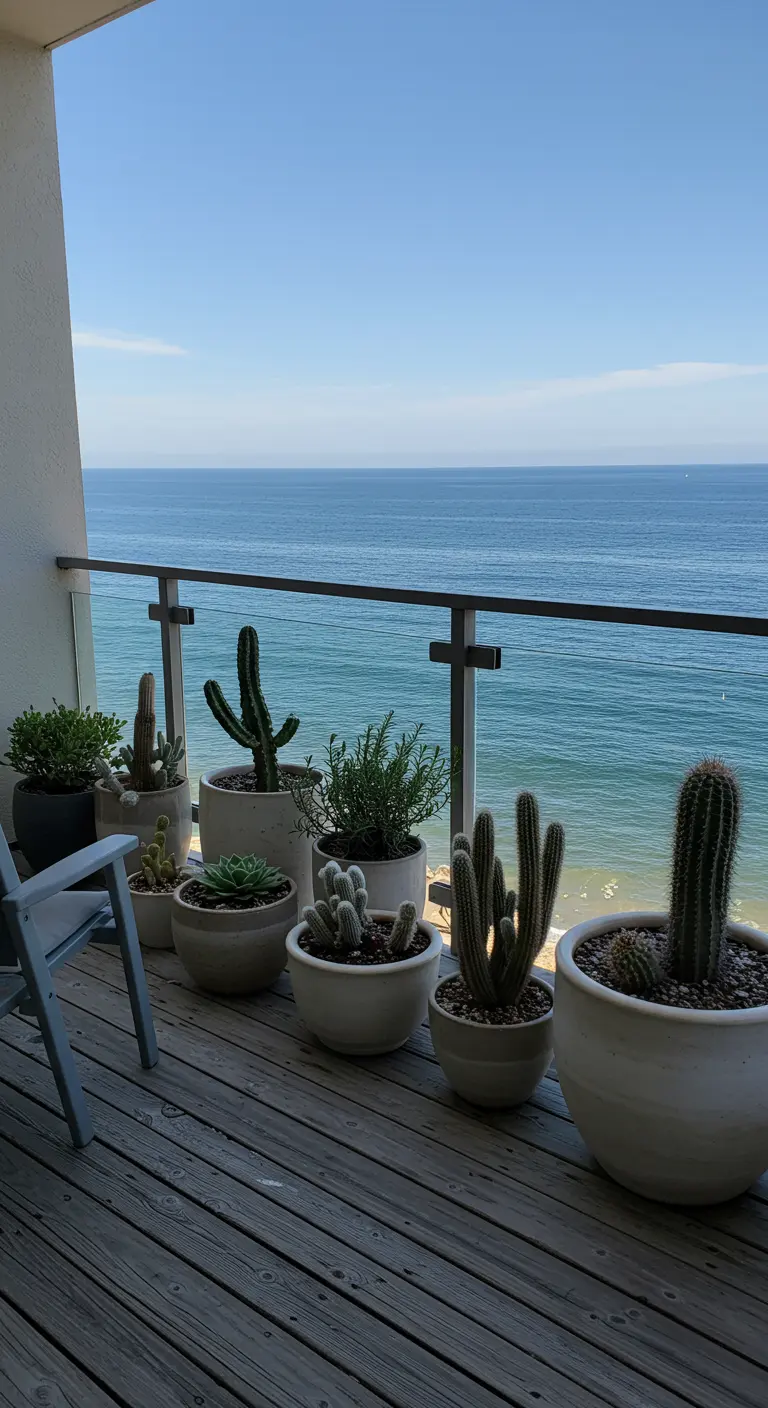Balcon vue mer avec cactus et succulentes en pots blancs, et chaise bleue claire.