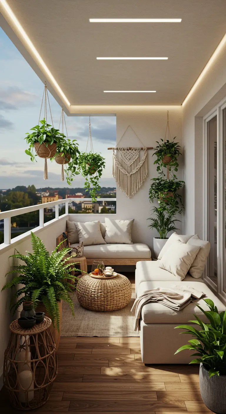 Grand balcon avec salon en L, pouf tressé, tapis en jute et de nombreuses plantes.