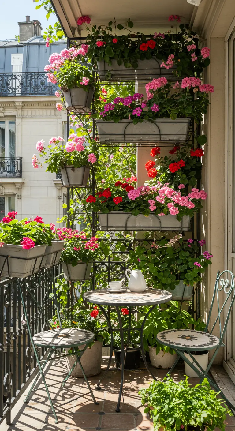 Balcon parisien fleuri de géraniums roses et rouges sur une étagère à niveaux.