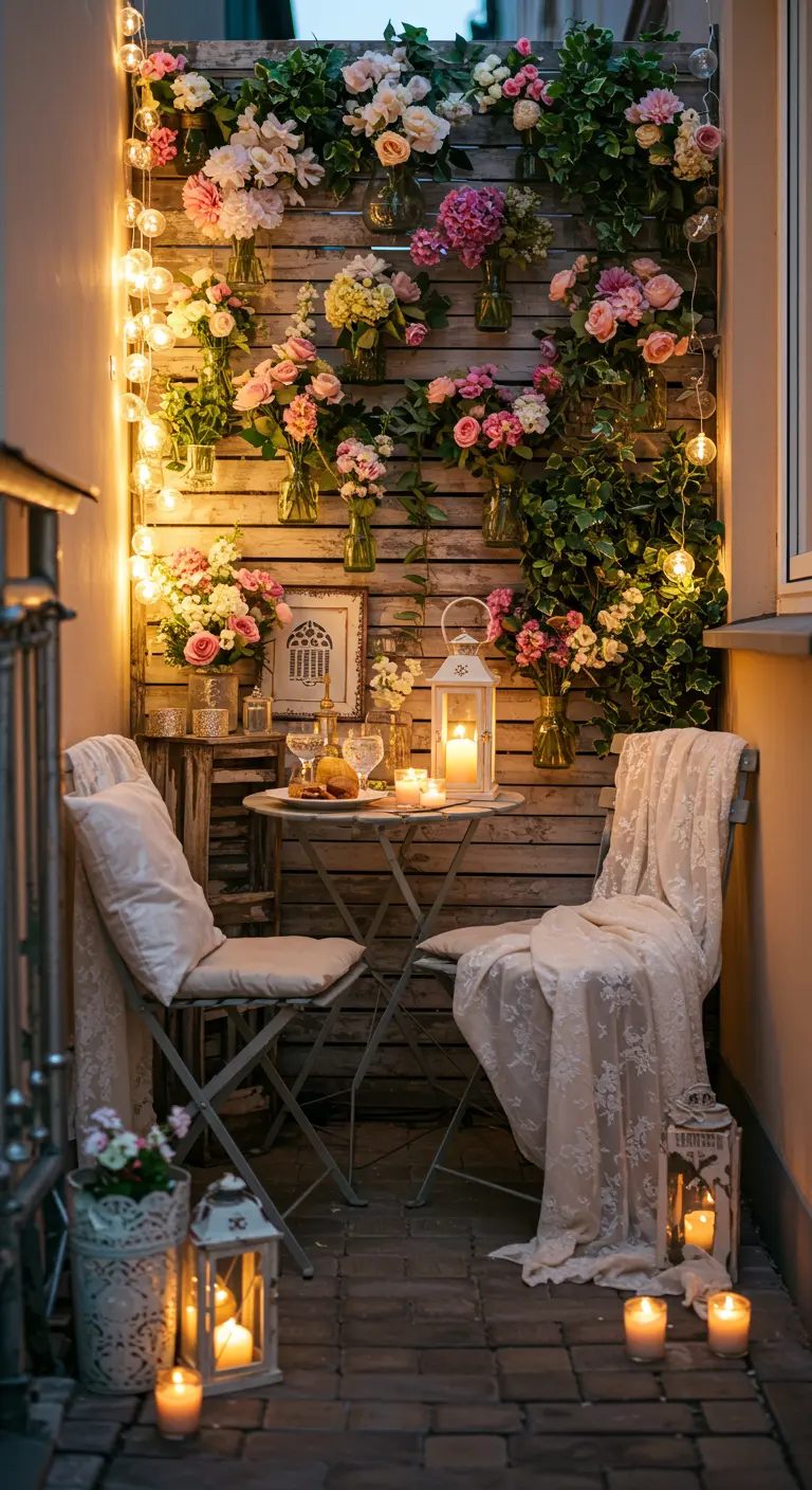Balcon romantique avec mur de fleurs, guirlandes lumineuses, lanternes et table bistro.