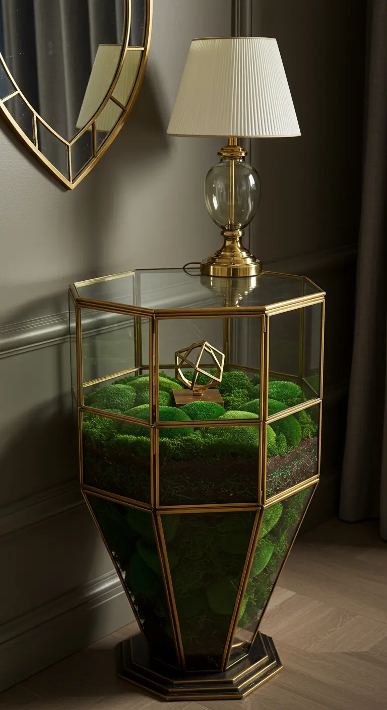 Vitrine hexagonale dorée sur pied, contenant un terrarium de mousse et une sculpture géométrique dorée au centre.