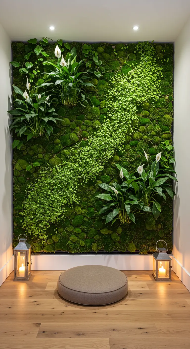 Mur de mousse avec un chemin sinueux de petites plantes vertes et des fleurs blanches, entouré de lanternes.