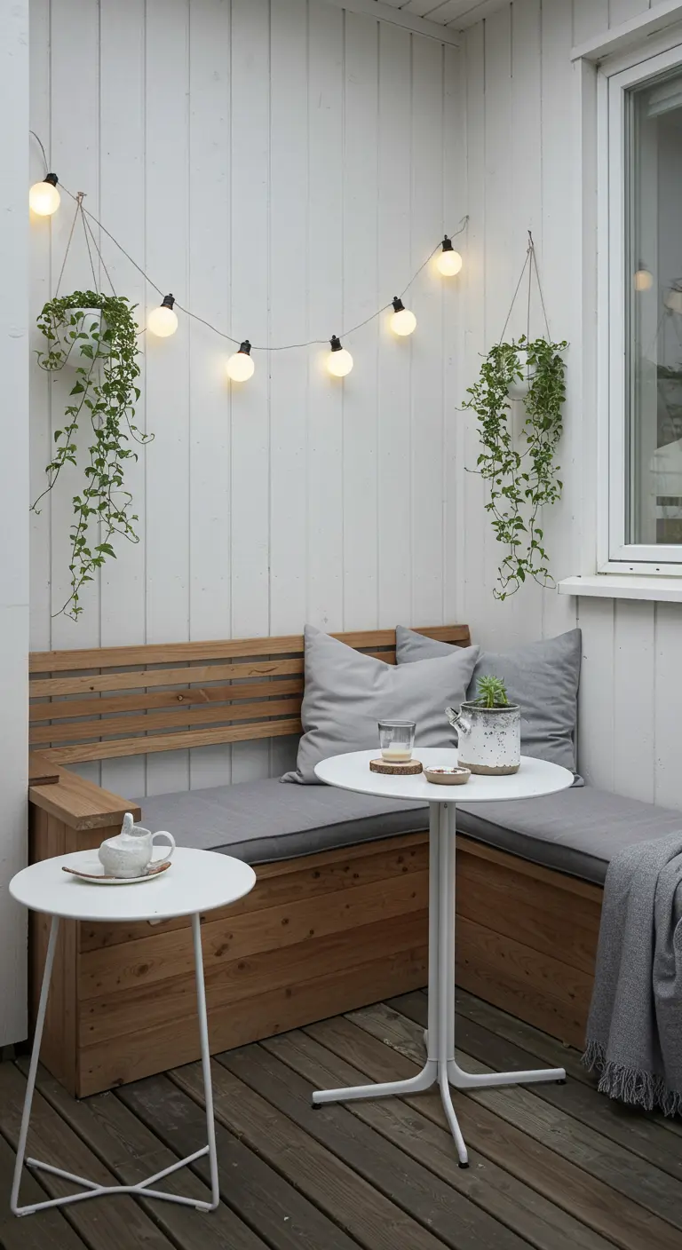 Balcon nordique avec banquette en bois clair, coussins gris, tables basses blanches et plantes suspendues.