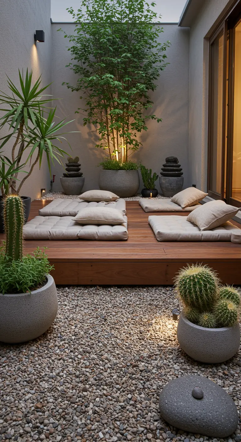 Cour zen avec estrade en bois, coussins de sol, grands pots en pierre, cactus et arbre.