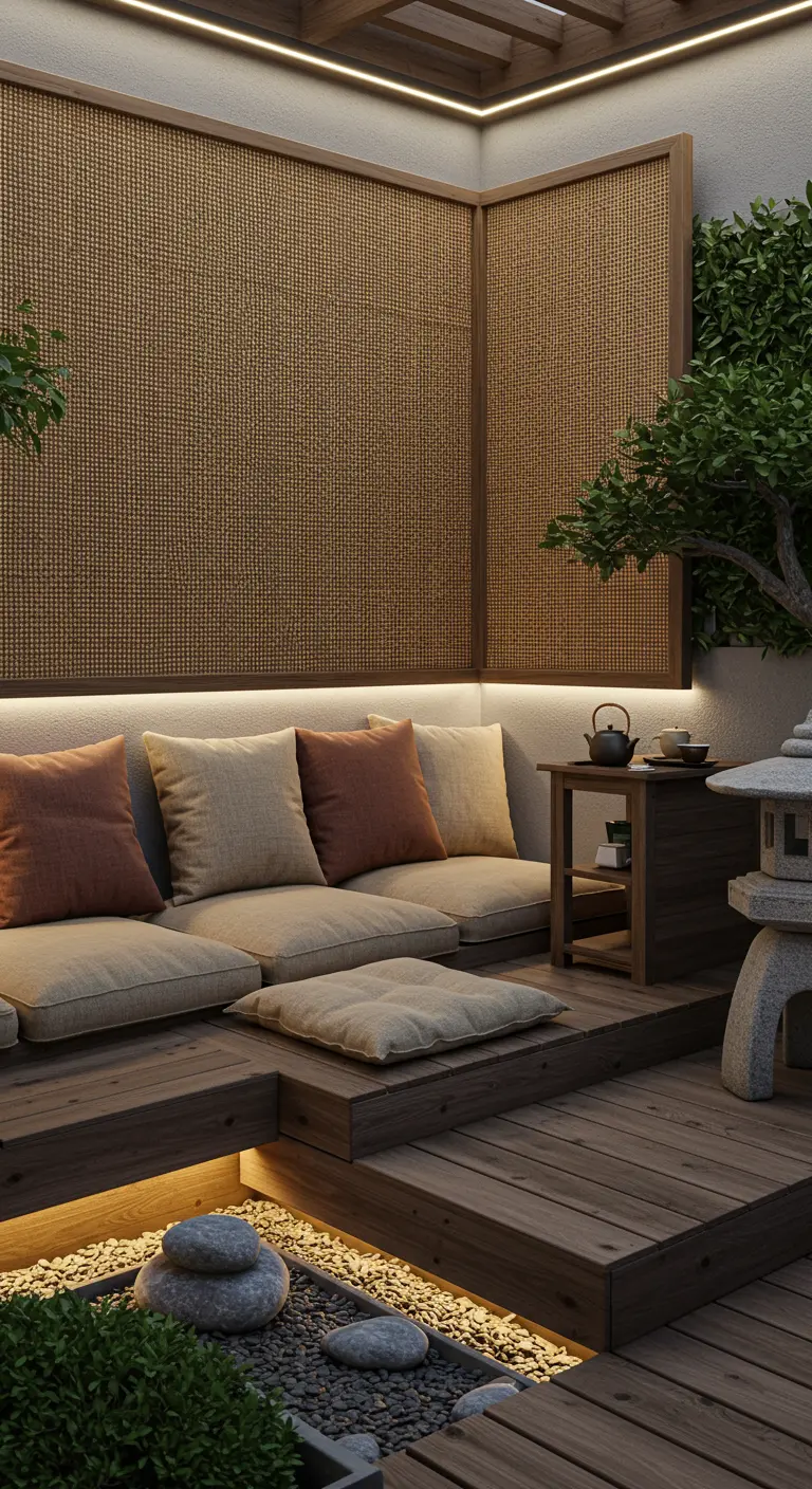 Patio d'inspiration japonaise avec mur en rotin, banquette basse, lumières LED et jardin de galets.