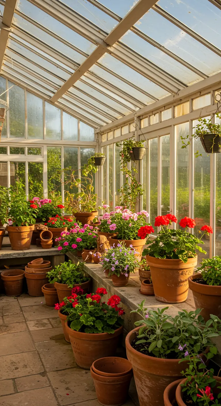 Serre remplie de géraniums et autres plantes en pots de terre cuite.