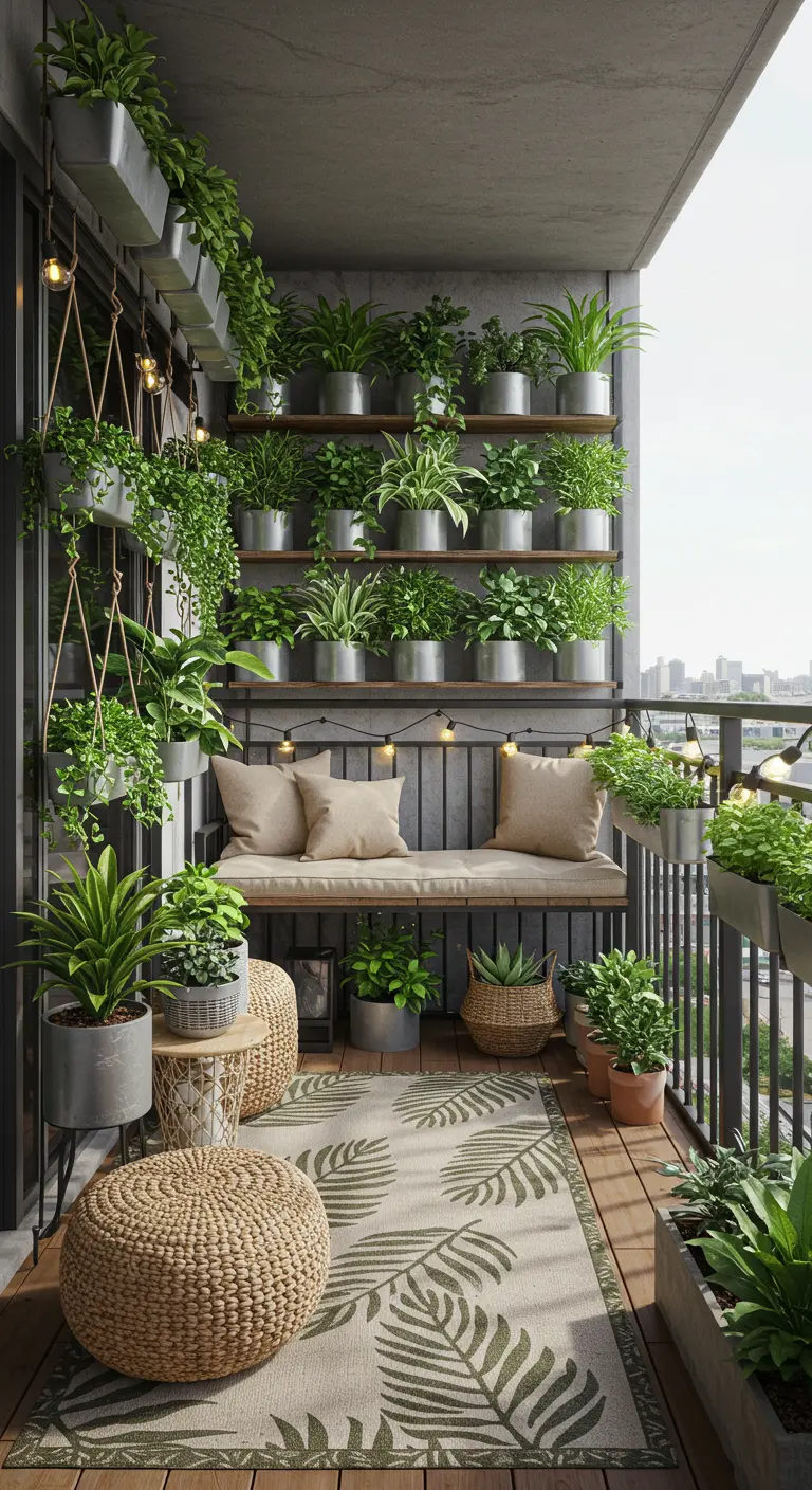 Balcon transformé en serre urbaine avec étagères de plantes, banquette et tapis végétal.