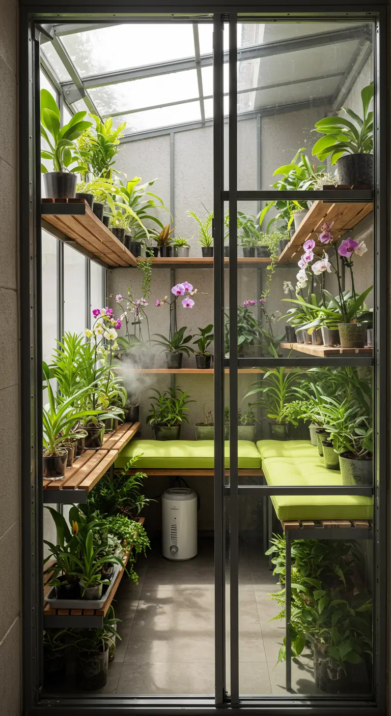 Serre de balcon avec étagères en bois, nombreuses plantes tropicales et banc.