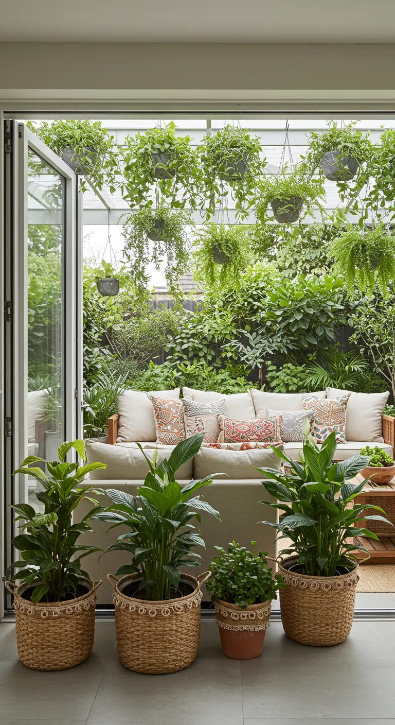 Intérieur végétalisé avec canapé, coussins et nombreuses plantes vertes suspendues.