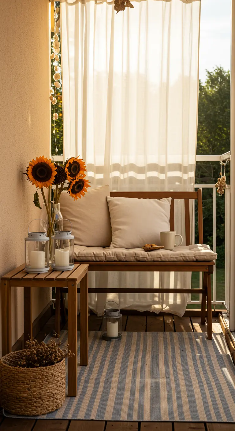 Balcon simple avec banc en bois, tapis rayé, rideaux blancs et tournesols en vase.