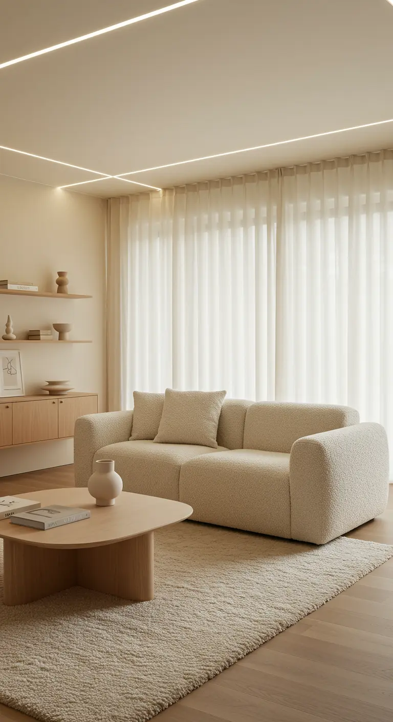 Salon moderne crème avec canapé bouclette, table basse bois clair, éclairage linéaire au plafond.