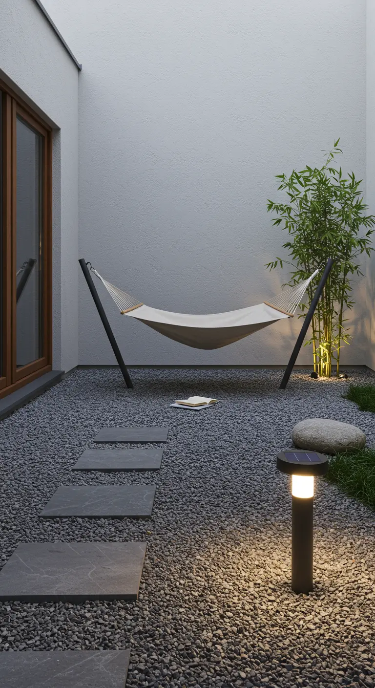 Jardin zen avec hamac sur pied, gravier clair, pas japonais, bambou et borne lumineuse solaire.