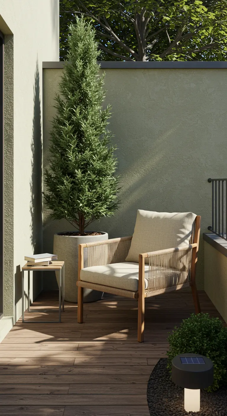 Terrasse minimaliste avec grand conifère en pot, fauteuil en rotin et table d'appoint.