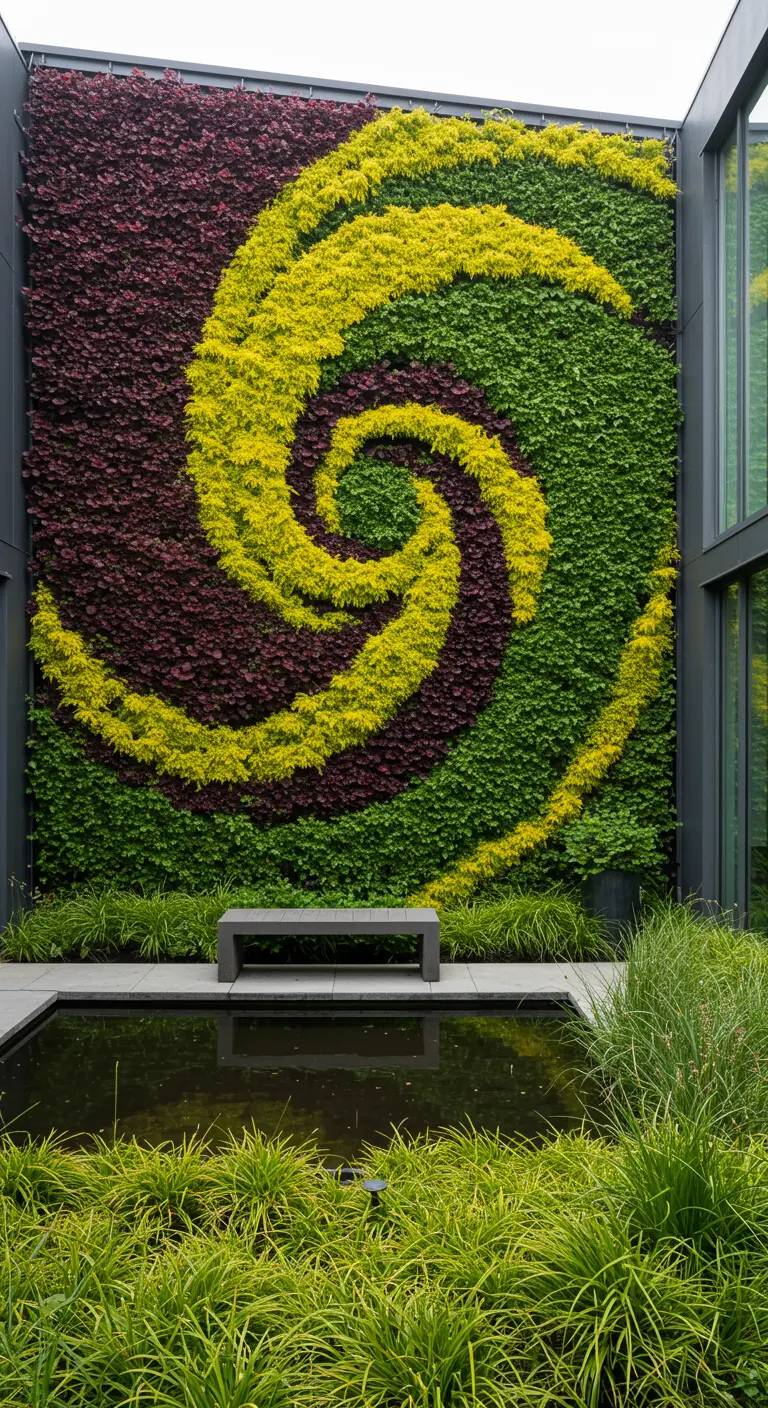 Mur végétal extérieur avec une grande spirale jaune et bordeaux sur fond vert.