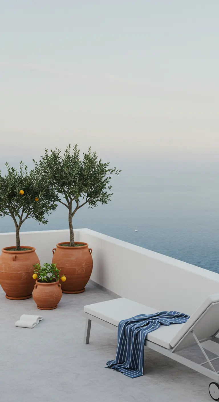 Terrasse blanche et épurée avec deux oliviers en grands pots en terre cuite, un transat et vue mer.