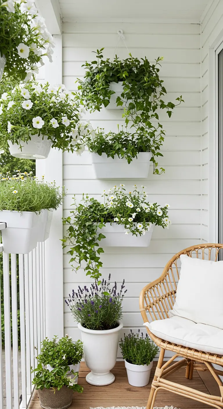 Balcon blanc avec suspensions fleuries blanches et violettes, jardinières murales et lavande.