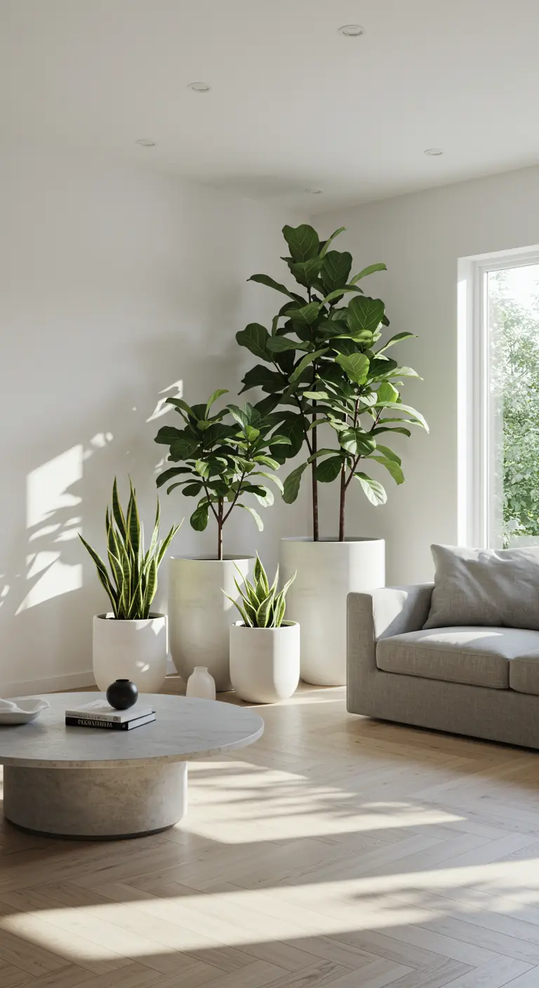 Grands pots blancs avec figuiers lyre et sansevieria dans un salon moderne et lumineux.