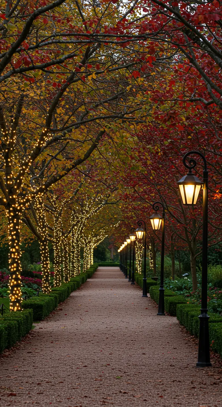 Allée bordée d'arbres illuminés de guirlandes LED d'un côté et de lampadaires classiques de l'autre, avec feuillage d'automne.