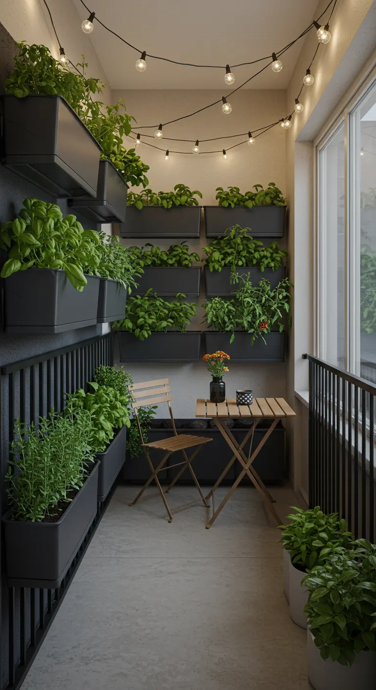 Jardinières modulaires noires murales sur un balcon avec guirlande lumineuse et petit coin repas