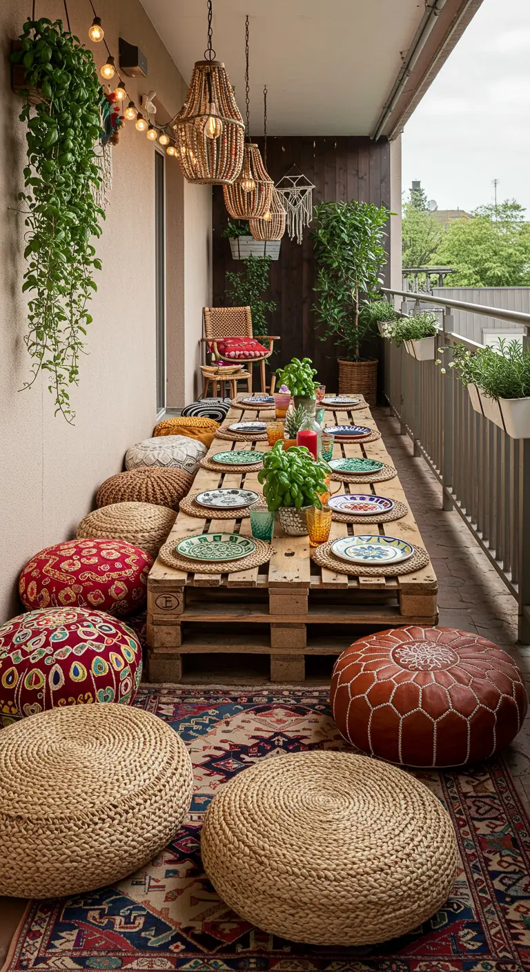 Longue table en palettes avec coussins de sol, tapis vintage et suspensions lumineuses
