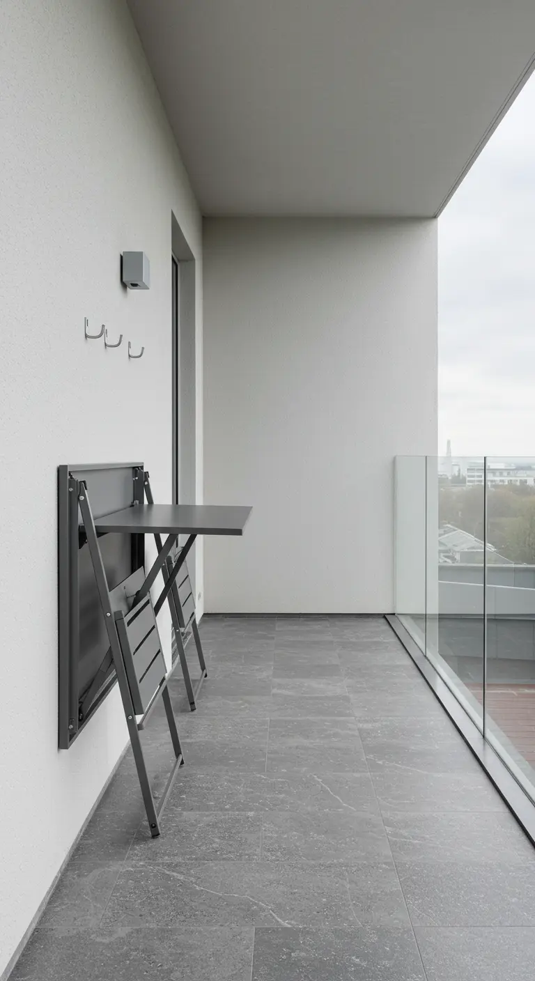 Balcon moderne et minimaliste avec une table pliante murale grise et des crochets.