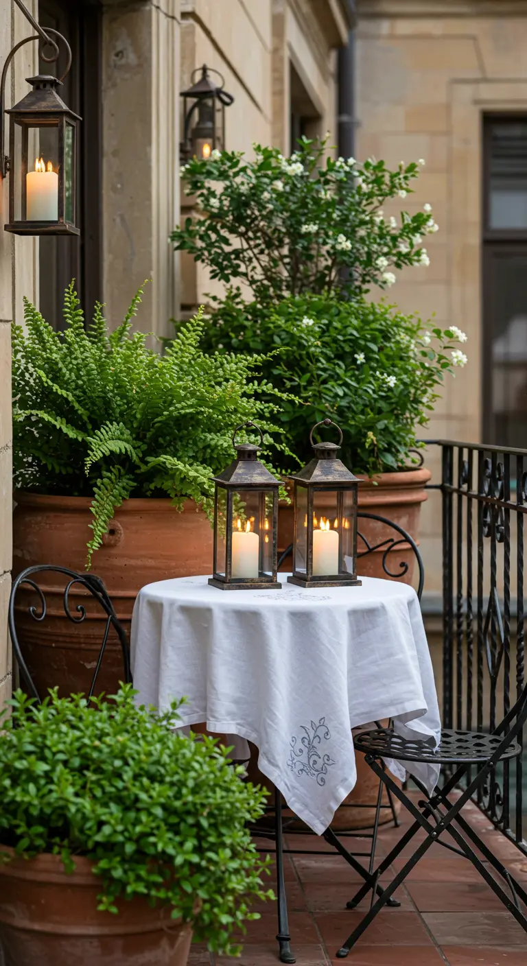 Balcon romantique avec table bistro en fer forgé, nappe blanche, grands pots et lanternes.