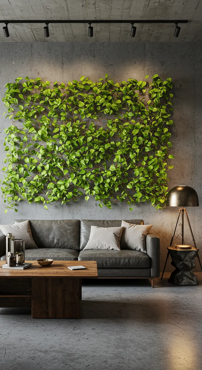 Mur en béton avec treillis végétal de plantes vertes grimpantes au-dessus d'un canapé gris foncé.