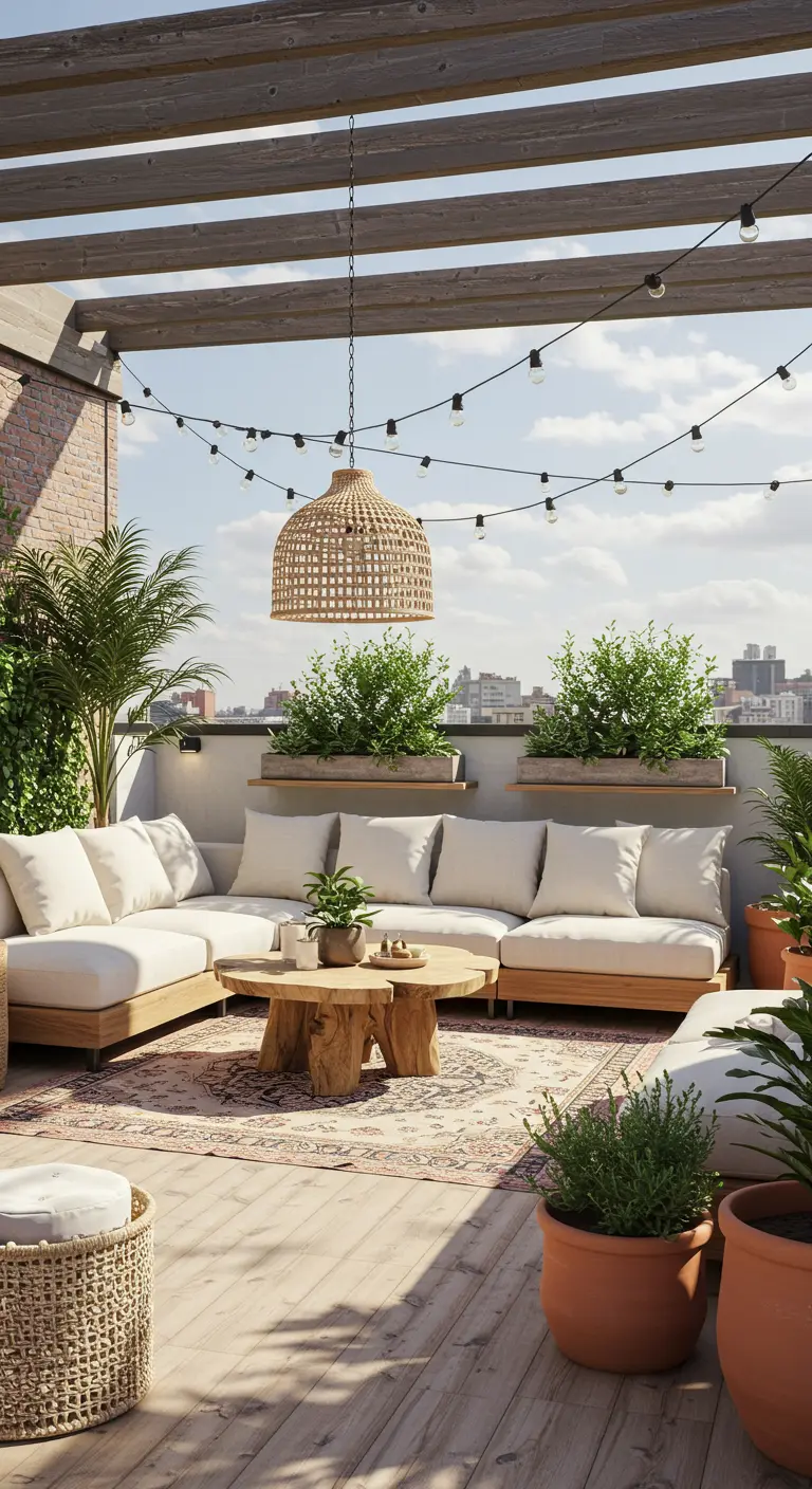 Grande terrasse avec canapé d'angle, table basse en bois brut, suspension en rotin et plantes.
