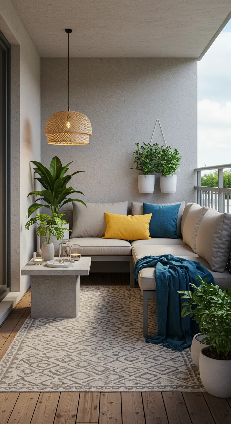 Balcon moderne avec canapé d'angle, coussins colorés, suspension en rotin et plantes.
