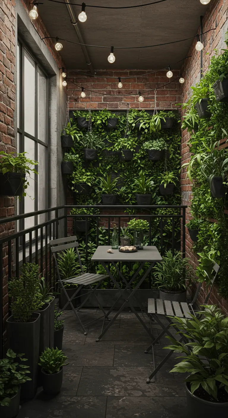 Balcon industriel avec mur de briques, plantes vertes, table et chaises métalliques.