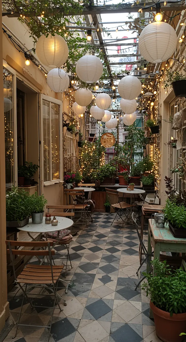 Patio intérieur/extérieur avec carrelage, guirlandes, lampions et plantes suspendues.