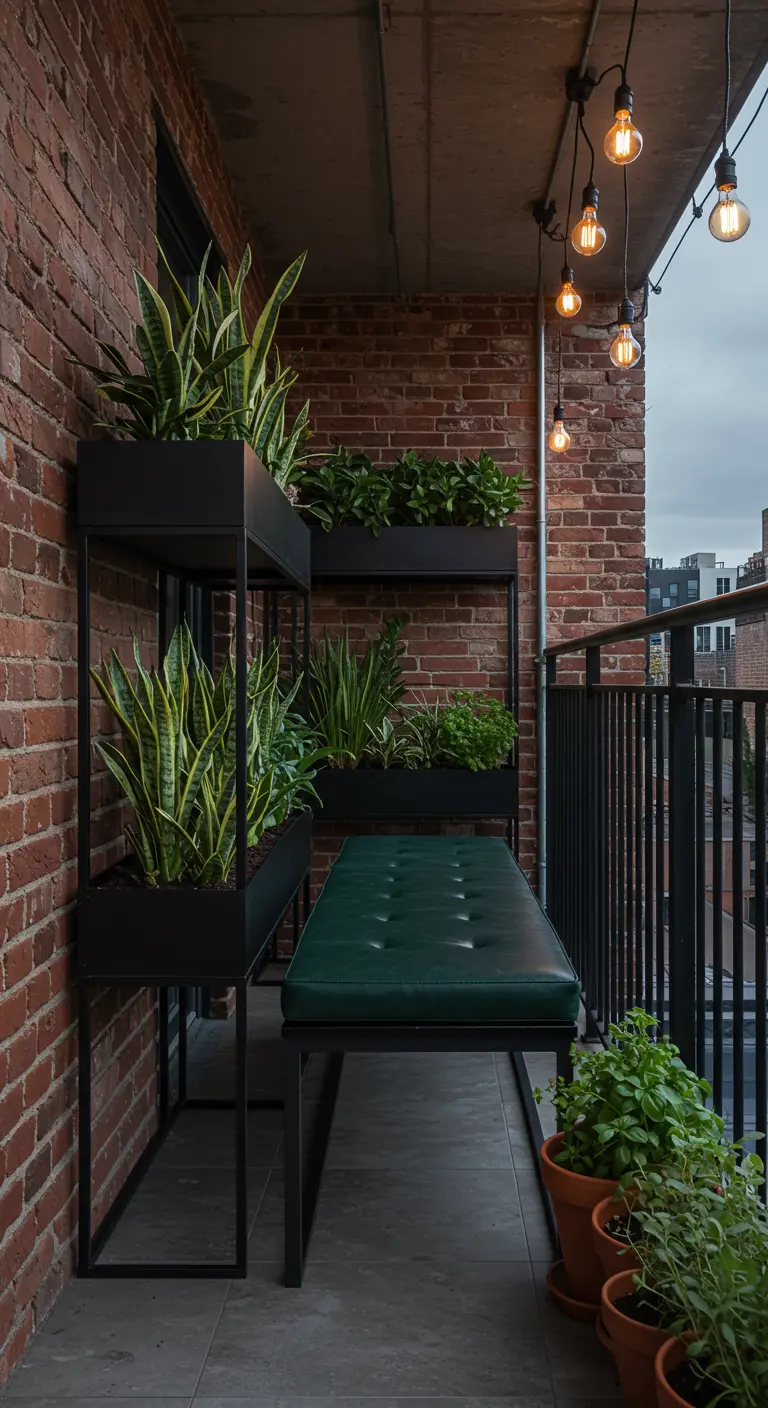 Balcon avec jardinières étagères en métal noir et plantes Sansevieria.
