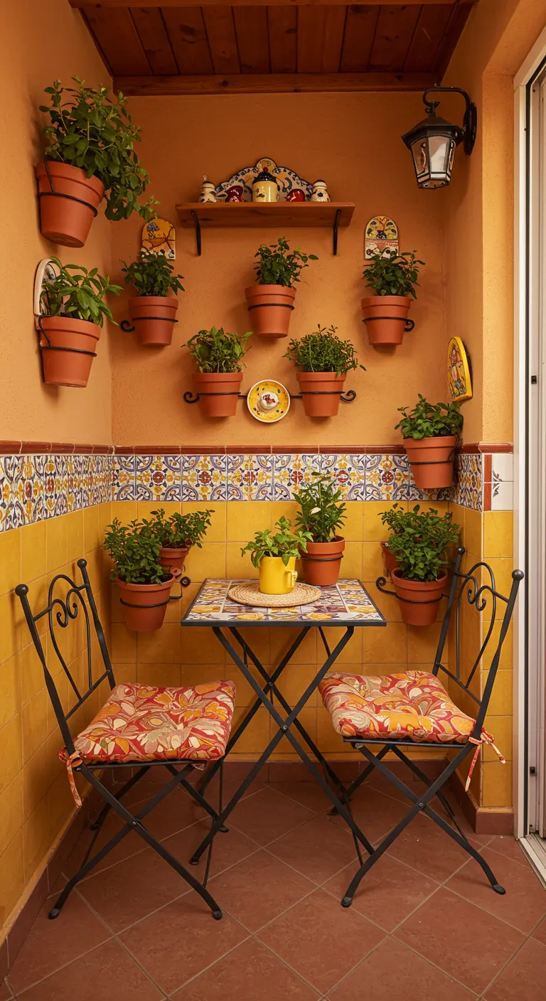 Balcon style andalou avec murs carrelés, pots en terre cuite, table et chaises en fer forgé.