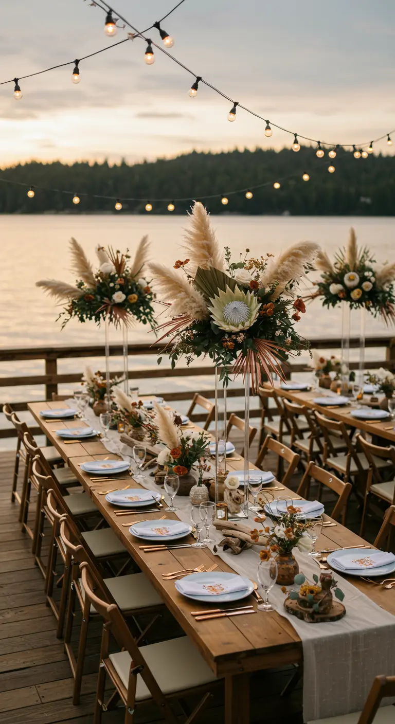Longue table en bois sur un quai au bord d'un lac, avec des centres de table hauts d'herbe de la pampa et fleurs claires.