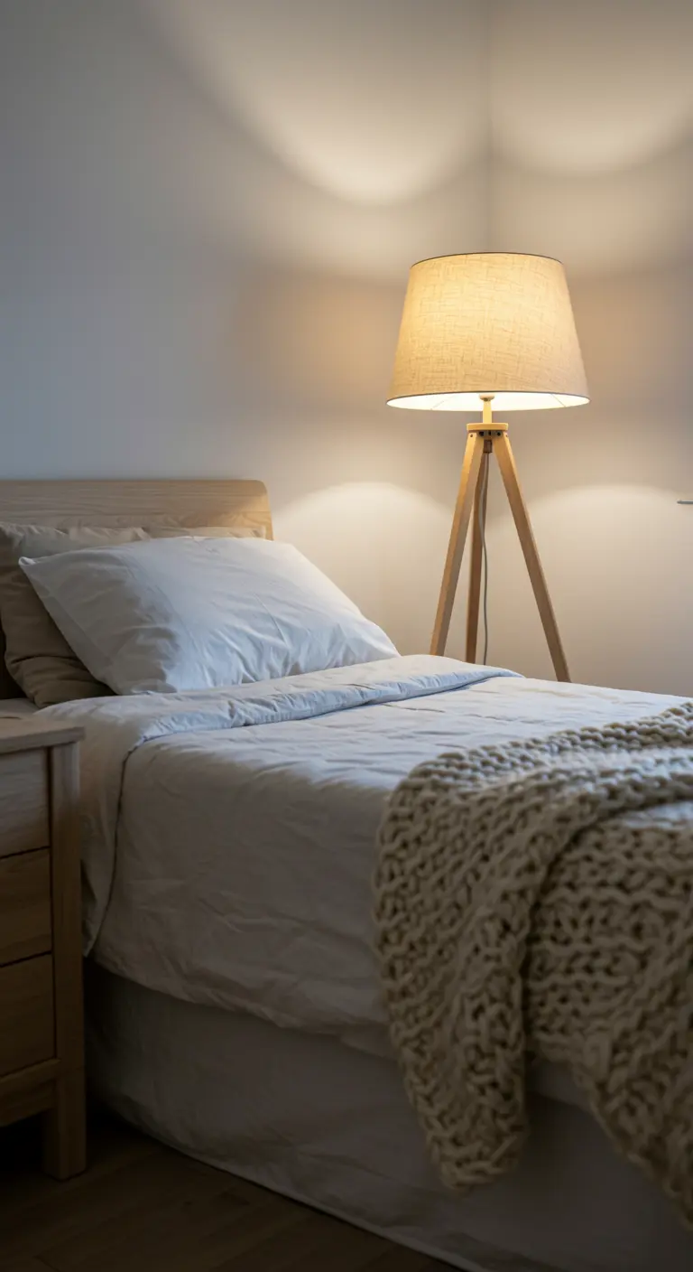 Lampadaire trépied avec abat-jour en tissu, éclairant un lit recouvert d'un plaid en maille.