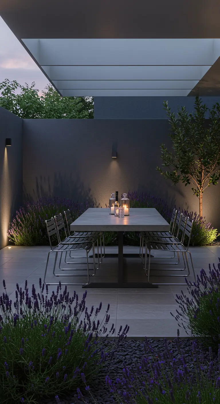 Table en béton et chaises en acier entourées de lavande en fleur avec éclairage.