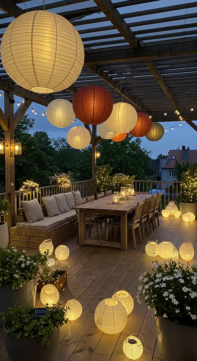 Grande terrasse en bois avec table à manger, lampions suspendus et de nombreuses lanternes solaires au sol.