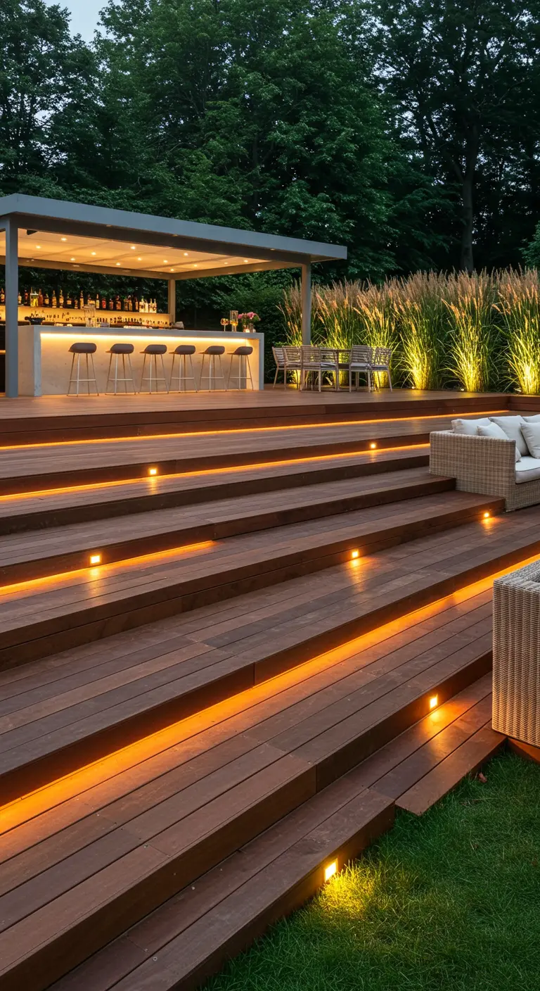 Grand escalier de terrasse en bois avec éclairage LED sous les marches et un bar extérieur.