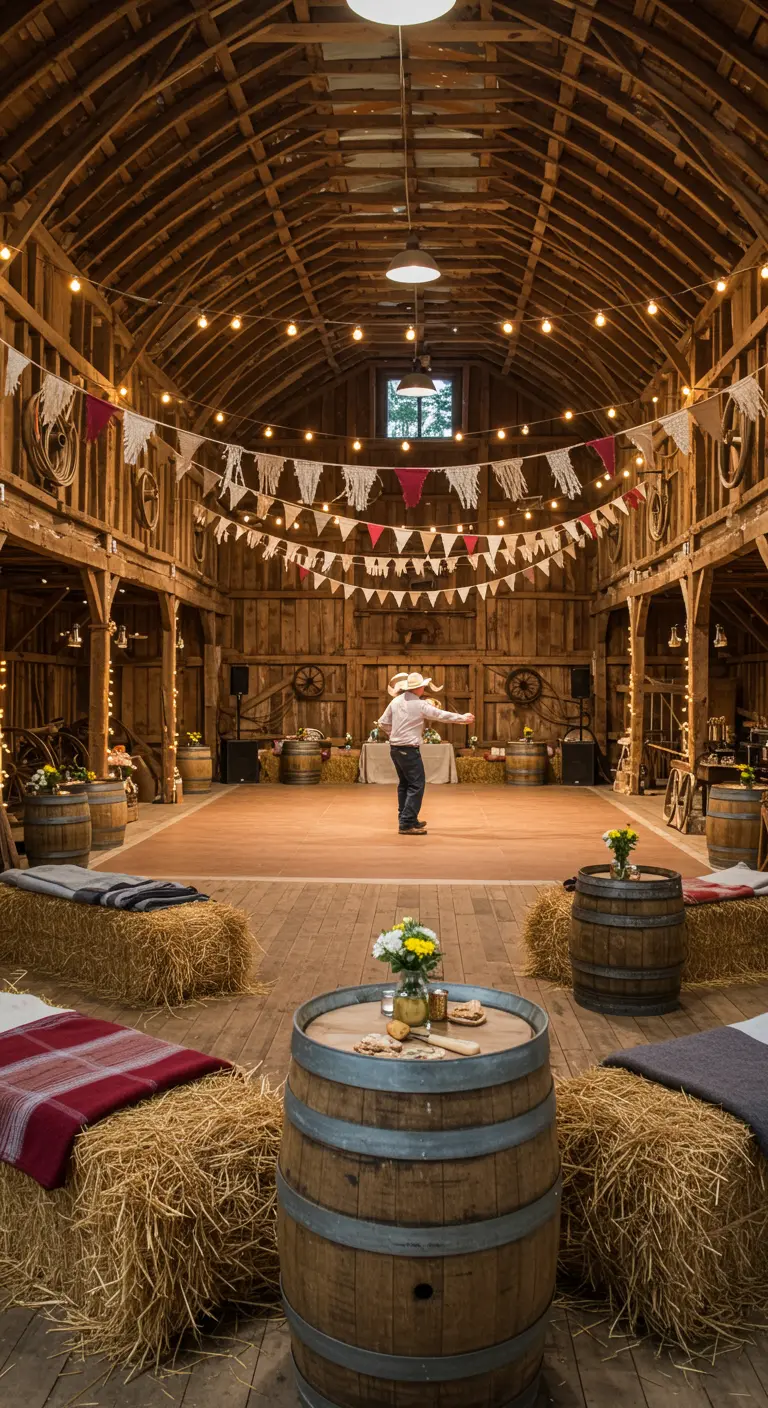 Hangar décoré pour une fête avec piste de danse, bottes de foin, tonneaux, guirlandes et lumières.