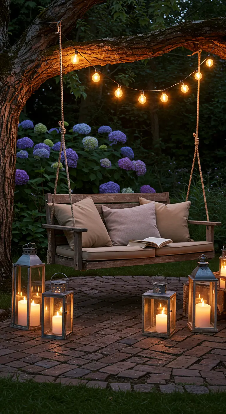 Balançoire de jardin romantique sous un arbre illuminé de guirlandes et entouré de lanternes à bougies.